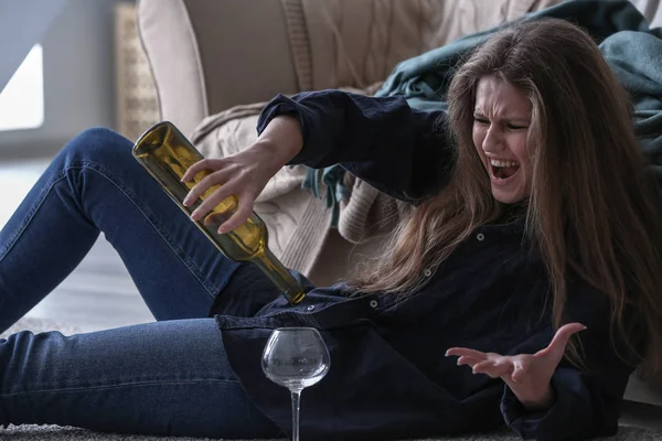 Depressed Drunk Woman Empty Bottle Glass Home — Stock Photo, Image