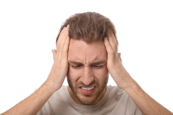 Jeune Homme Souffrant Maux Tête Sur Fond Blanc — Photo