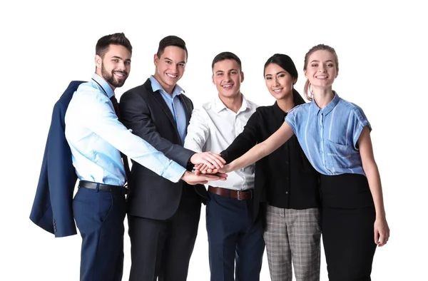 Jóvenes Poniendo Manos Juntas Sobre Fondo Blanco — Foto de Stock