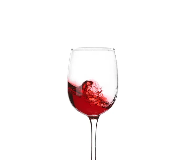 Bicchiere Con Spruzzi Vino Rosso Sfondo Bianco — Foto Stock