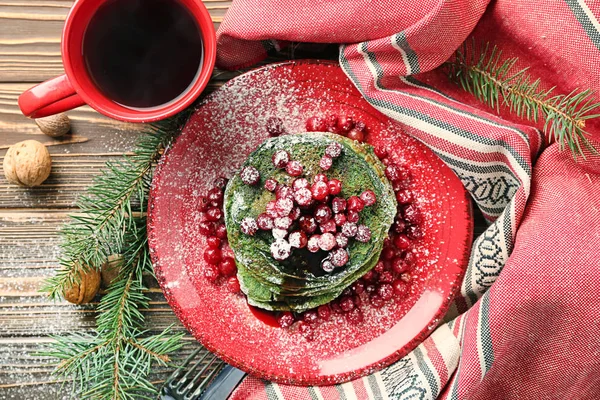 Tasty Green Pancakes Cranberries Wooden Table — Stock Photo, Image