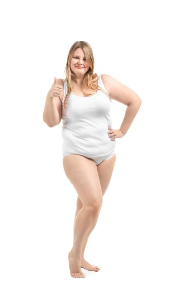 Schönes Size Mädchen Unterwäsche Mit Daumen Hoch Geste Auf Weißem — Stockfoto