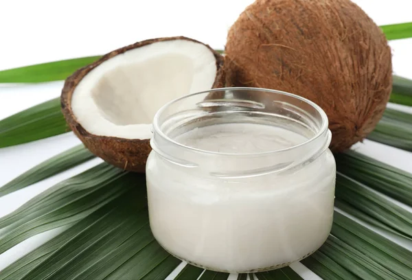 Tarro Con Aceite Coco Sobre Fondo Blanco — Foto de Stock