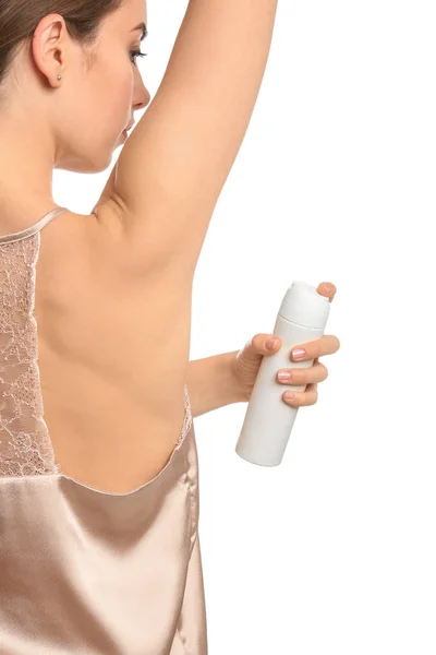 Mulher Bonita Com Desodorizante Fundo Branco — Fotografia de Stock