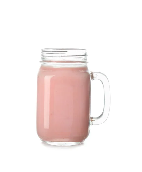 Einmachglas Mit Leckerem Milchshake Auf Weißem Hintergrund — Stockfoto