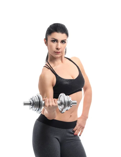 Sporty Muscular Woman Dumbbell White Background — Stock Photo, Image