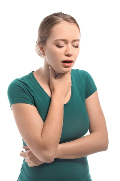 Young Woman Having Asthma Attack White Background — Stock Photo, Image