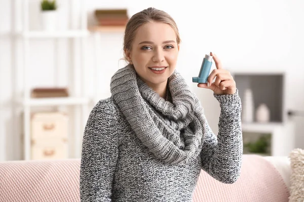 Young Woman Inhaler Home — Stock Photo, Image