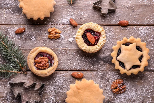 Christmas Composition Tasty Mince Pies Wooden Table — Stock Photo, Image