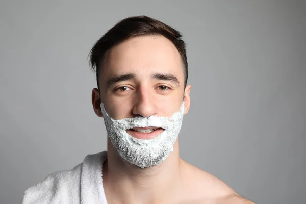 Handsome Man Shaving Foam His Face Grey Background — Stock Photo, Image