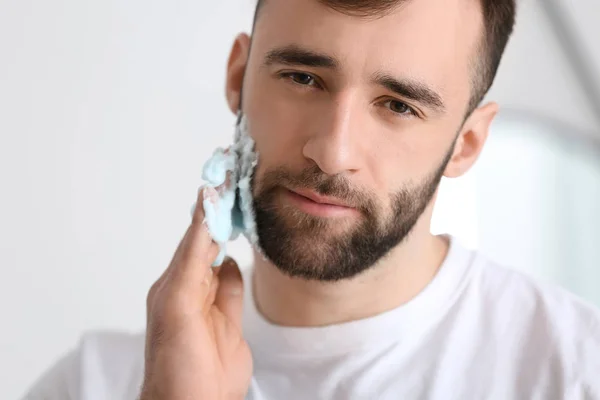 Handsome Man Applying Shaving Foam His Face Bathroom — Stock Photo, Image