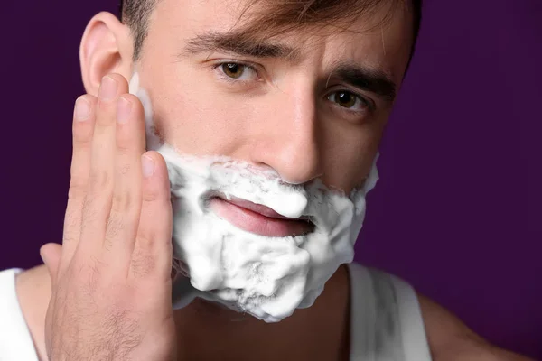 Handsome Man Shaving Foam His Face Color Background Closeup — Stock Photo, Image