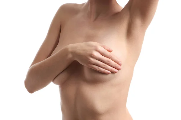 Ung Kvinna Med Vackra Bröst Vit Bakgrund — Stockfoto