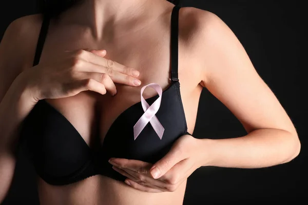 Young Woman Beautiful Breast Pink Ribbon Dark Background Cancer Awareness — Stock Photo, Image