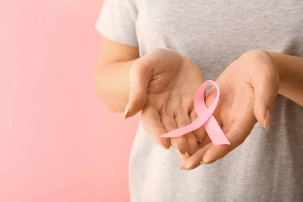 Woman Pink Ribbon Color Background Breast Cancer Awareness Concept — Stock Photo, Image
