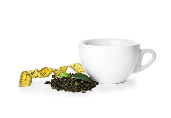 Cup Tea Measuring Tape White Background Weight Loss Concept — Stock Photo, Image