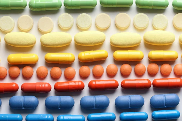 Colorful Pills White Background Flat Lay — Stock Photo, Image