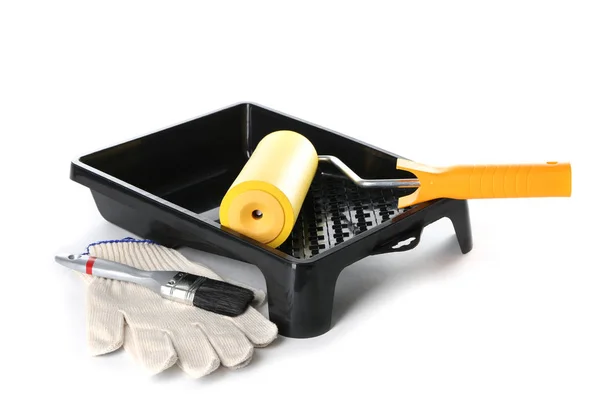 Paint Roller Tray Brush Gloves White Background — Stock Photo, Image