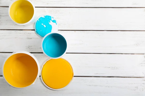 Paint Cans Wooden Table — Stock Photo, Image