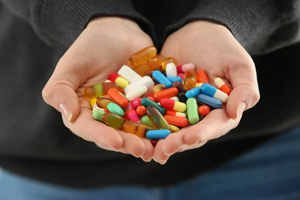 Woman Handful Different Pills Closeup — Stock Photo, Image