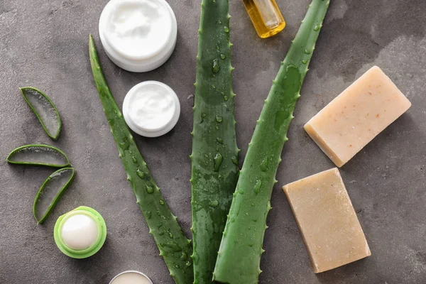 Cosmetic Products Fresh Aloe Grey Table — Stock Photo, Image
