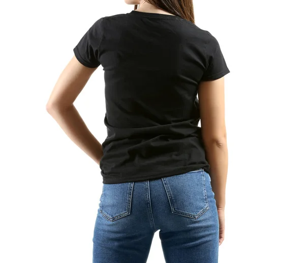 Jeune Femme Shirt Élégant Sur Fond Blanc Vue Arrière — Photo