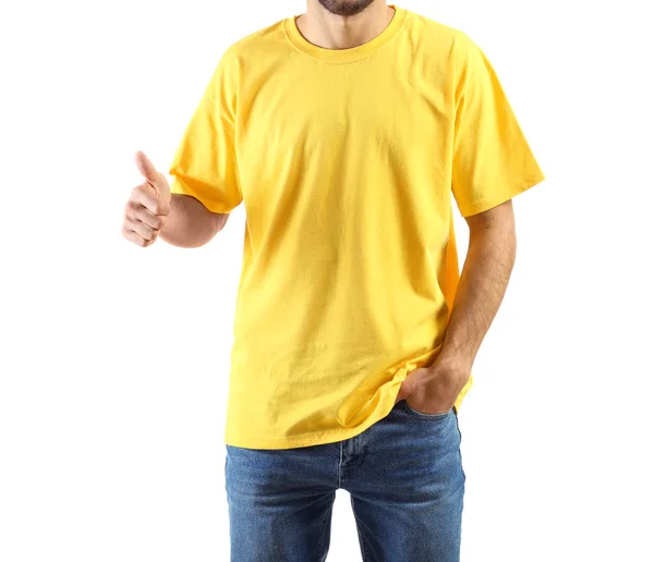 Young Man Stylish Shirt Showing Thumb White Background — Stock Photo, Image