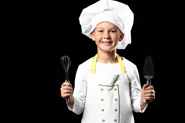 Cute Little Chef Ciemnym Tle — Zdjęcie stockowe