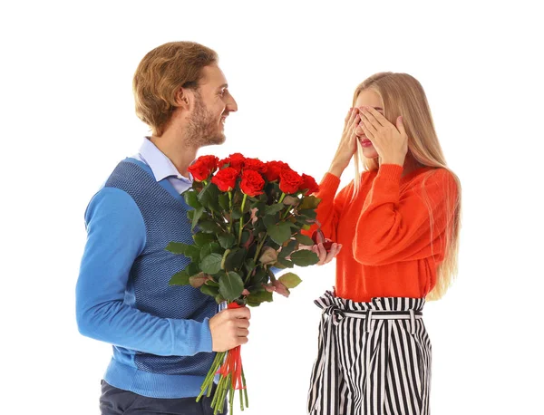 Young Man Proposing His Beloved White Background — Stock Photo, Image