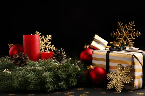 Beautiful Christmas Decorations Gift Boxes Dark Background — Stock Photo, Image