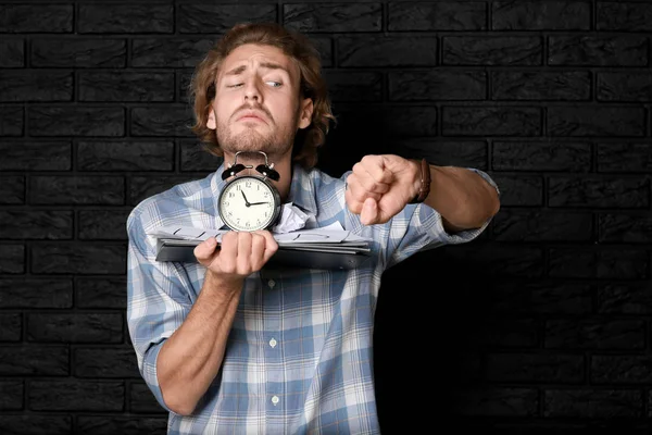 Stressed Man Trying Meet Deadline Dark Brick Background — Stock Photo, Image