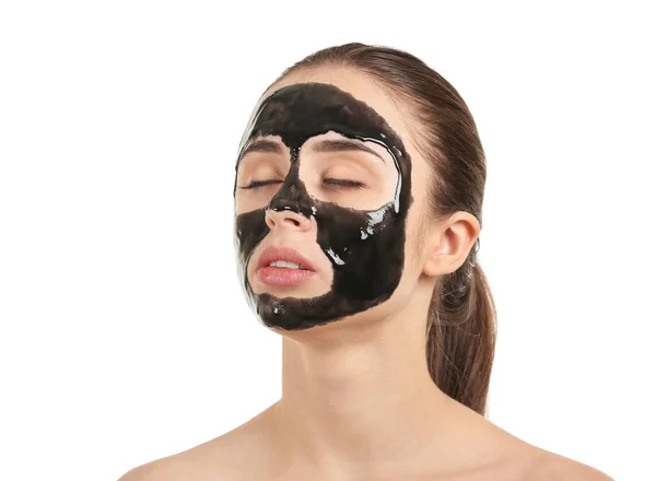 Mooie Jonge Vrouw Met Film Achtige Masker Witte Achtergrond — Stockfoto