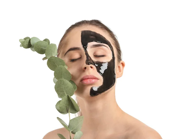 Mooie Jonge Vrouw Met Film Achtige Masker Witte Achtergrond — Stockfoto