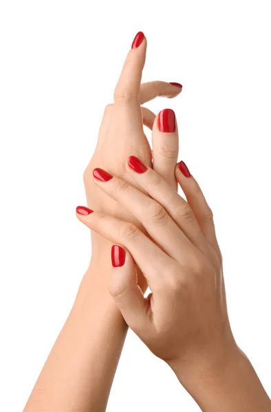Mãos Femininas Com Manicure Fundo Branco — Fotografia de Stock