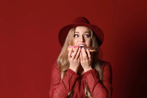 Funny Young Woman Tasty Donuts Color Background — Stock Photo, Image