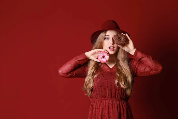 Funny Young Woman Tasty Donuts Color Background — Stock Photo, Image