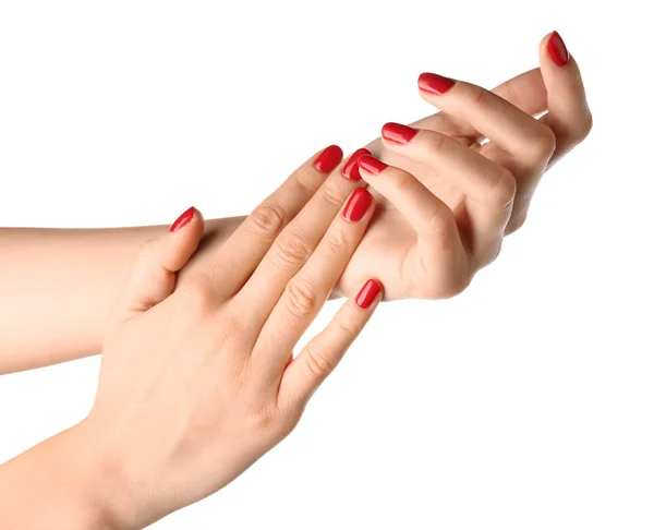 Vrouwelijke Handen Met Manicure Witte Achtergrond — Stockfoto