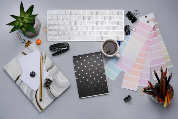 Modern Workplace Designer Top View — Stock Photo, Image