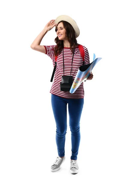 Turista Donna Con Mappa Sfondo Bianco — Foto Stock