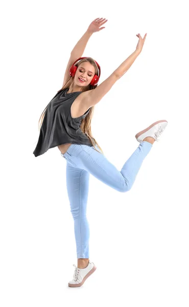 Beautiful Young Woman Dancing White Background — Stock Photo, Image