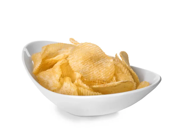 Bol Avec Savoureuses Chips Croustillantes Sur Fond Blanc — Photo