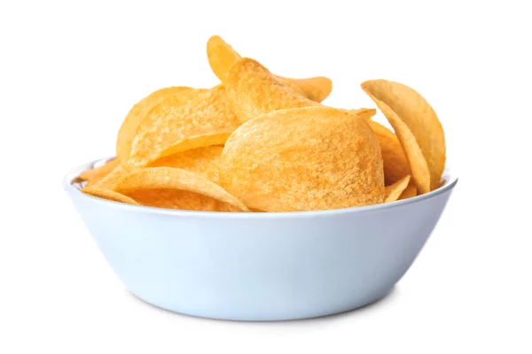 Skål Med Läckra Krispiga Pommes Frites Vit Bakgrund — Stockfoto