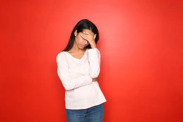 Stressed Young Woman Color Background — Stock Photo, Image