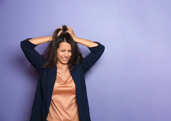 Stressed Young Woman Color Background — Stock Photo, Image