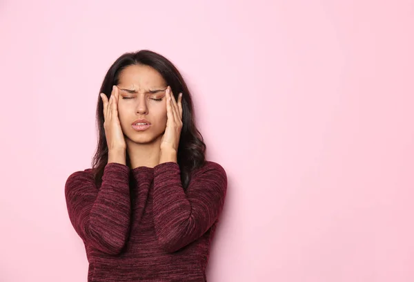 Stressed Young Woman Color Background — Stock Photo, Image