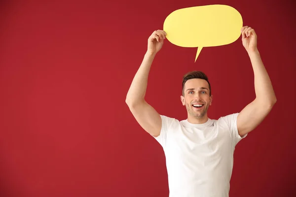 Young Man Speech Bubble Color Background — Stock Photo, Image