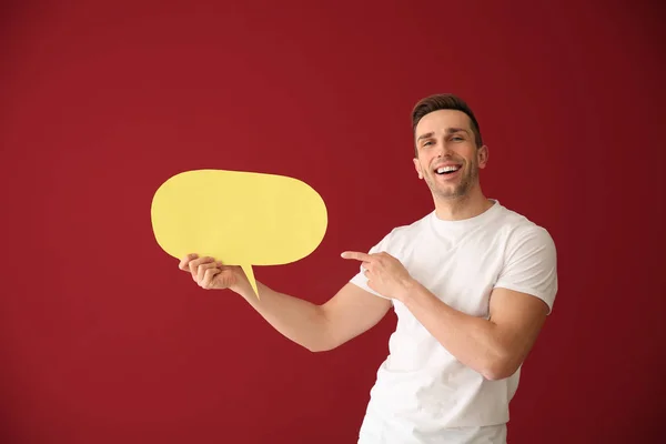 Young Man Speech Bubble Color Background — Stock Photo, Image