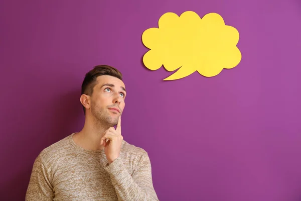 Thoughtful Young Man Speech Bubble Color Background — Stock Photo, Image