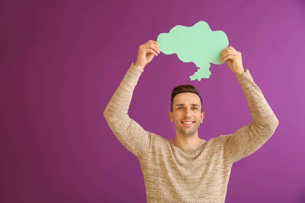 Young Man Speech Bubble Color Background — Stock Photo, Image