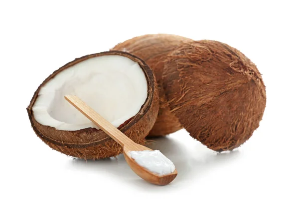 椰子油为头发关心在白色背景 — 图库照片